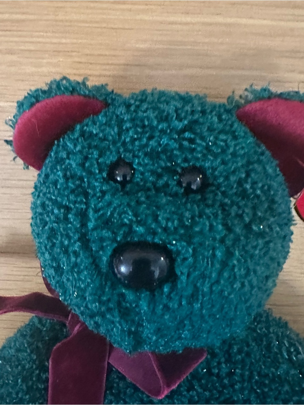 Big New 12” 2001 Beany Baby Teal Plush Bear with Burgundy Ear and Bow Accents